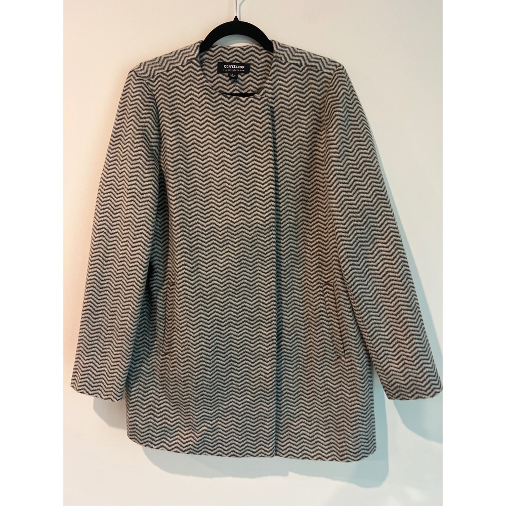 COFFEESHOP Womens Chevron Pattern Collarless Coat Jacket Size‎ L Wool Blend